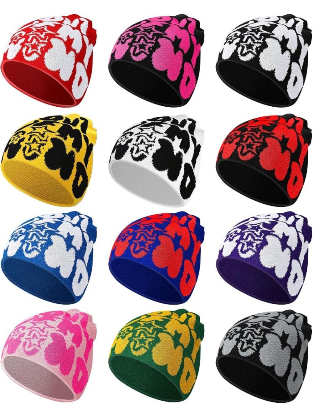 12 Pcs Gothic Knit Beanies | Trendy Web Graphic Hats for Cool Style